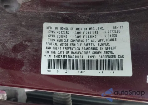 2013 Honda Accord Ex-L V-6 z USA, uszkodzony, nr VIN 1HGCR3F83DA049034